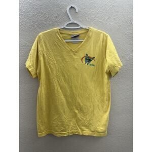 Curves Womens Shirt Size Large Yellow Short Sleeve V-Neck Embroidered Logo